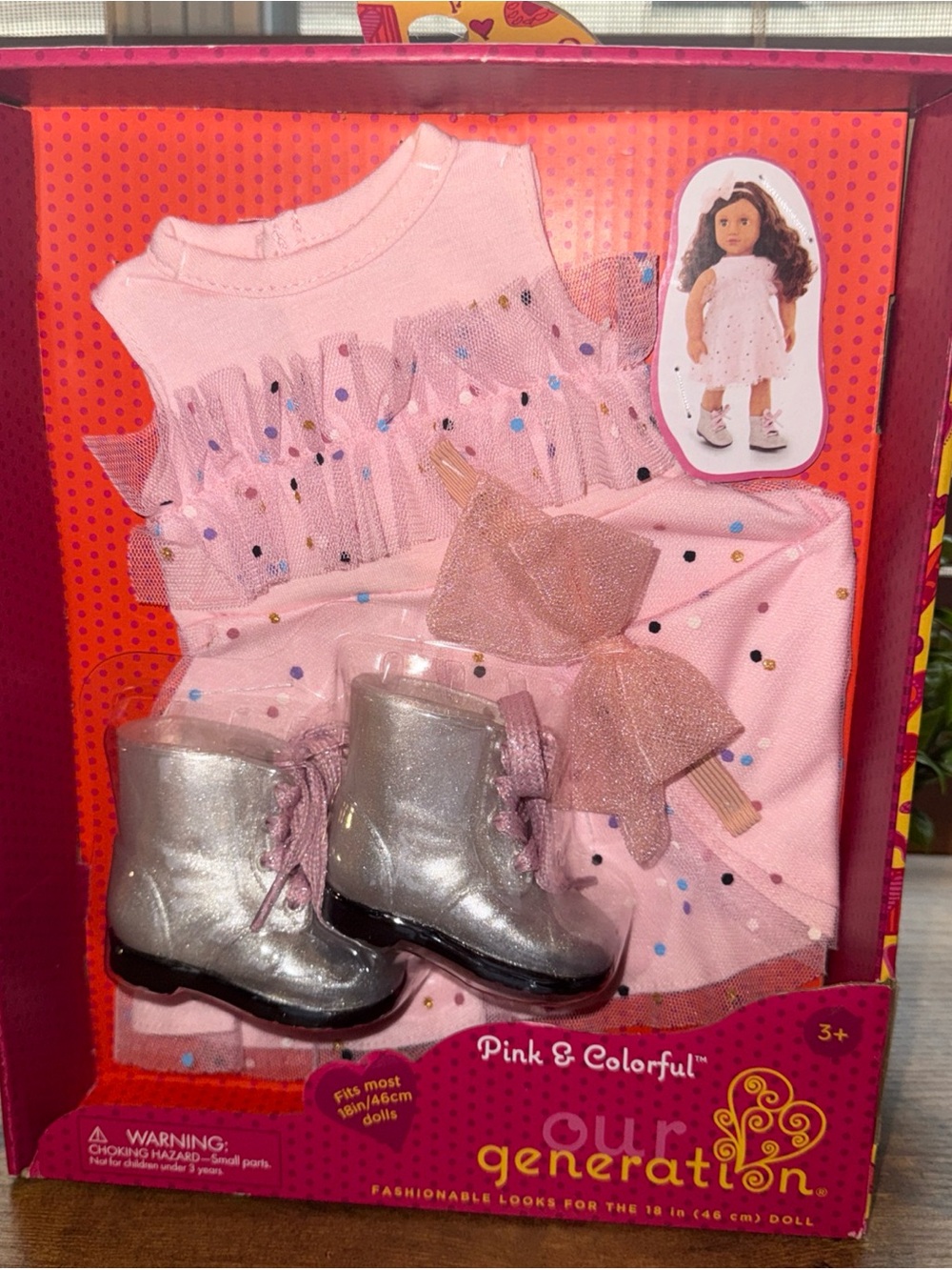 Our Generation Pink Polka Dot Dress & Silver Boots Doll Outfit